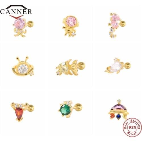 CANNER Small Cute 925 Sterling Silver Zircon Rocket Astronaut Spaceship Fish Piercing Cartilage Stud Earrings for Women Jewelry