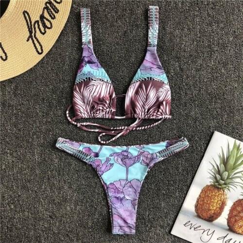 Sexy biquinis Printed swimsuits bandage triangle bathing padded bra low waist bikini bottom women beachwear 2019 Brazilian femme