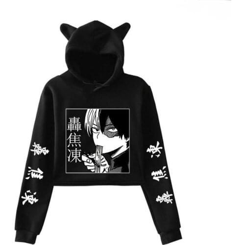 Shoto Todoroki Cat Ear Hoodies Girl Cute Anime My Hero Academia Sweatshirts Showing Belly Buttons Casual Oversized Streetwear
