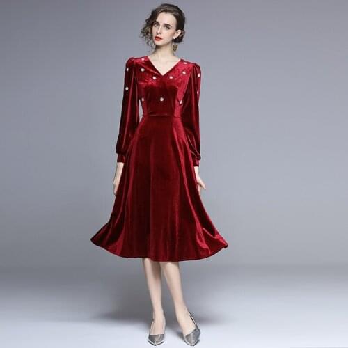 2021 Autumn Winter Women Long Sleeve Vintage Velvet Dress Runway Beaded Evening Party Dress Bodycon Robe Femme Vestidos k6985