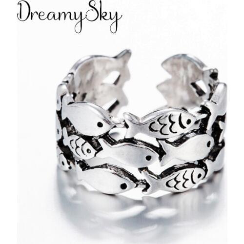 DreamySky Bohemian Ethnic Silver Color Layer Fish Ring for Women Bridal Wedding Vintage Open Finger Rings Christmas Gifts