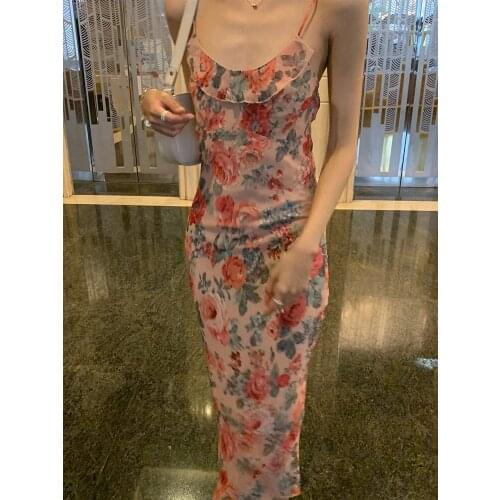 Vintage Floral Dress Women Chiffon Korean Beach Wear Dress Spaghetti V Neck Midi Flower Dress Summer Dresses for Women 2021