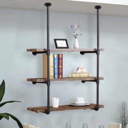 2pcs 3 layer Industrial Retro Style Bookshelf DIY Wall Ceiling Mounted Storage Shelves Bracket Black Iron Pipe Shelf Home Decor