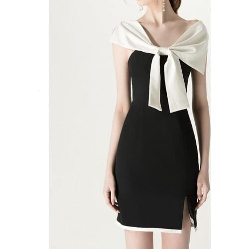 2020 Elegant Short Sleeve Mini Bowtie Neck Slim Women Sexy Black Party Dress White Vestidos