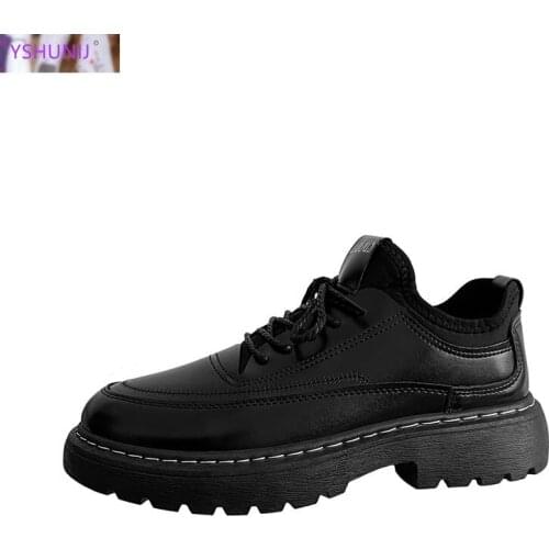 2021 Korean Version British Style Small Leather Shoes Lace Up Middle Heel Youth Pu Mens Shoes