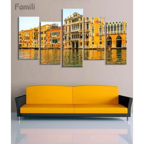5Panel Modern Canvas Painting Wall Art Italy Venice Landscape Oil Painting Beautiful City River Decorative Picture Home Decor