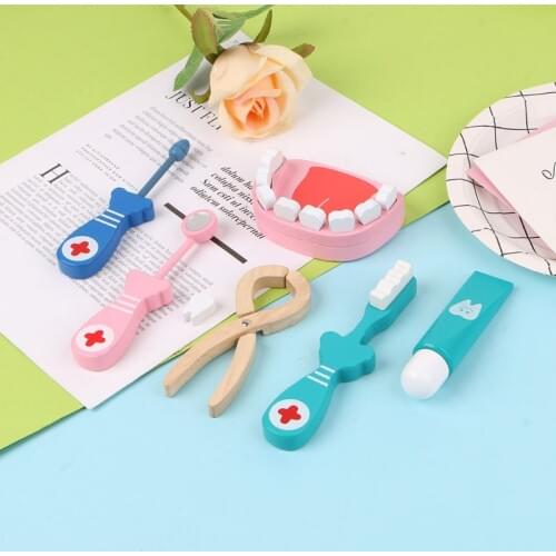6Pcs Baby Toys Doctor Set Play Wooden Dental Tools Simulation Medicine Box