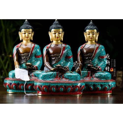 3P Buddha -20CM -HOME family Talisman Buddhism Tibet turquoise brass Sakyamuni Amitabha the Medicine Buddha