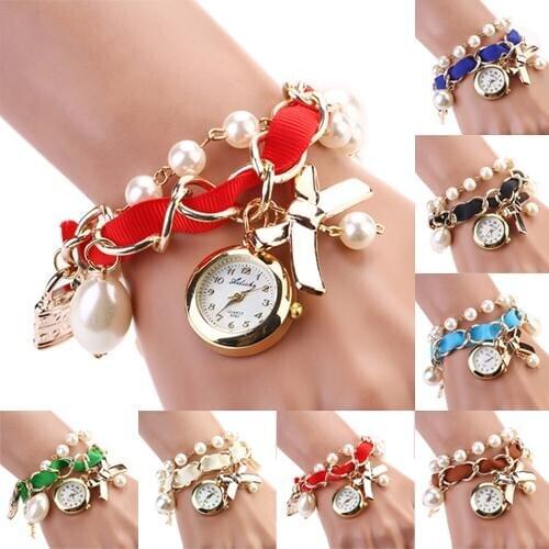 Quartz Watch Womens Wrist Watch Luxury Faux Pearl Bowknot Decor Faux Leather Band Quartz Bracelet Wrist Watch Casual Clock Relo