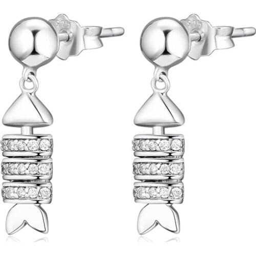 CKK 100% 925 Sterling Silver Sparkling Fish Bone Stud Earring Free Shipping