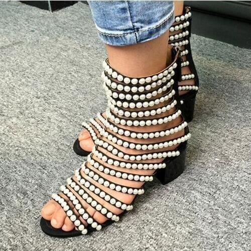2018 Runway Designer Summer Shoes Woman Block Heel Cut-Out Sexy Gladiator Sandal Ankle Boots Shiny Pearl Sandals Plus Size 34-44
