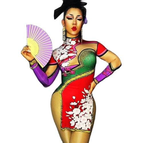 Women Mulyicolor Shining Diamonds High Slit Cheongsam Chinese Elegant Flower Print Dress Nightclub DJ Singer Dancer Costumes
