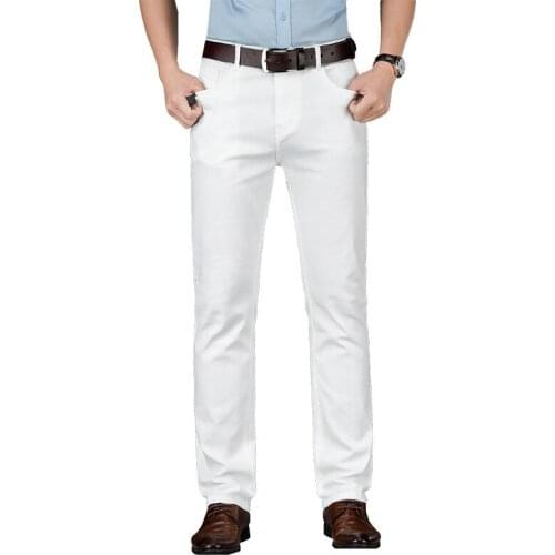 Classic Style Mens Regular Fit White Jeans Business Smart Fashion Denim Advanced Stretch Cotton Trousers Male Brand Pants