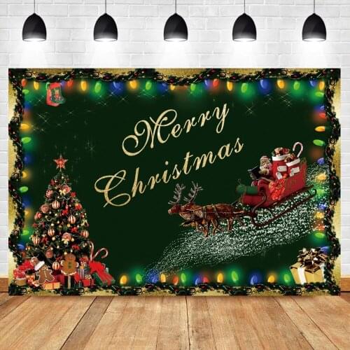 Photo Backgrounds Merry Christmas Festivals Santa Clause Sledge Reindeer Tree Bulb Light New Year Poster Photographic Backdrop
