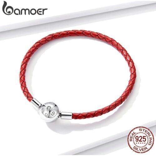 Bamoer Leather Chain Bracelet for Beads Signature Engrave Brand Stelring Silver Jewelry Fit for Original Silver Charm BSB042