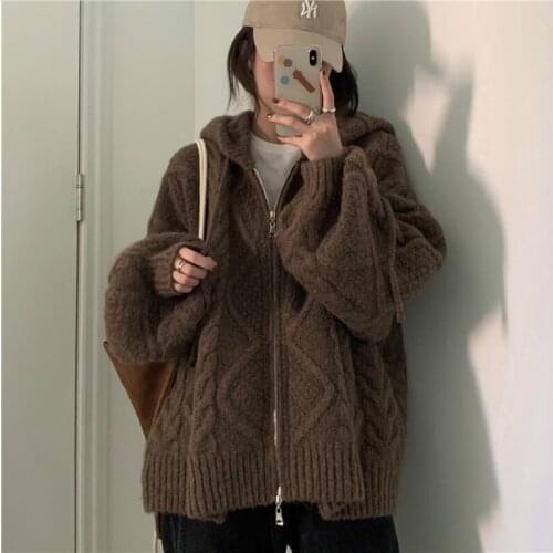 Women Autumn Winter Twist Zipper Hooded Sweater Coat Knitted Cardigan Jacket Oversized Long Lantern Sleeve Outwear