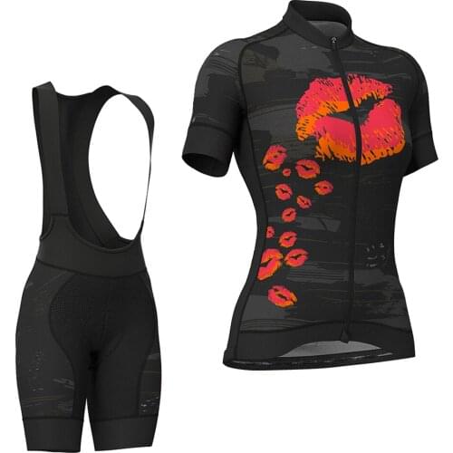 Summer Women Running Sports Sportwears Breathable Red Lips Print Female Zipper Cycling Short-Sleeved Suits S-XXL