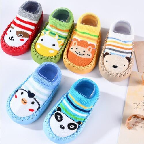 Fashion Baby Socks Newborn Baby Shoes Socks Cartoon Infant Baby Kids Indoor Floor Socks PU Leather Sole Non Slip Thick Sock DS29