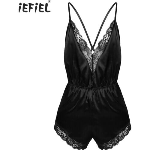 Men One-piece Lace Splice Bodysuit Sleepwear Babydoll Sexy Lingerie Nightwear Teddies Jumpsuit Satin V-neck Pajamas Underwear