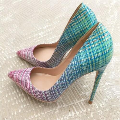 12cm Ladies Shoes Women Pumps Shallow Pointed Toe Party Dress Shoes Wedding Stripe Gradually Changing Color QP031 CHENSIR9