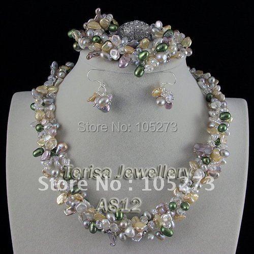 New Free Shipping A812 AA 7-8MM Mix Color Necklace Bracelet And Earring Fashion Set 4Rows Natural Shaper Fresh Water Pearls