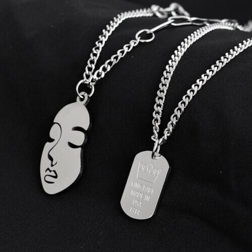 Meetvii Punk Stainless Steel Face Pendant Necklace Hip Hop Metal Multi-layer Rock Long Chain Necklaces for Women Party Jewelry