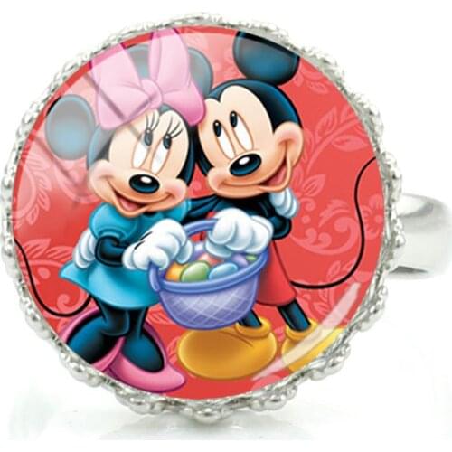 Disney Mickey Minnie Ring Retro Glass Dome Handmade Adjustable Ring Ladies Girl Decorative Jewelry
