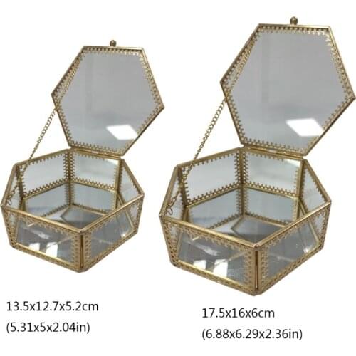 40GB Hexagon Gold Brass Glass Jewelry Trinket Box Jewelry Display Geometric Organizer
