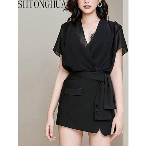 SHTONGHUA Women Fashion 2 Piece Set Summer Black Chiffon Sexy V Neck Shirt Suits + High Waist Mini Lace UP Pencil Skirts Set