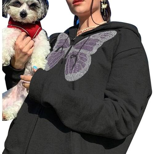 Autumn Casual Women’s Zip Up Hoodies Top Fashion Womens Girls Long Sleeve Rhinestone Butterfly Pattern Loose Sweatshirts Coats