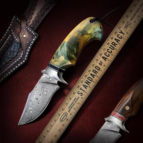 TURENZ-VG10 Damascus Steel Fixed Blade Knife Desert Ironwood Handle Outdoor Survival Camping Small Hunting Knives with Sheath