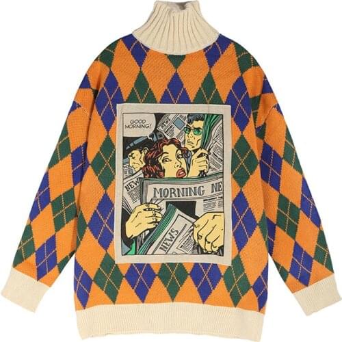 Y2K Street Style Oversize Female Pullover Cartoon Patchwork Argyle Knit Women Sweaters Hip Hop 2021 Winter Plus Size Clothing