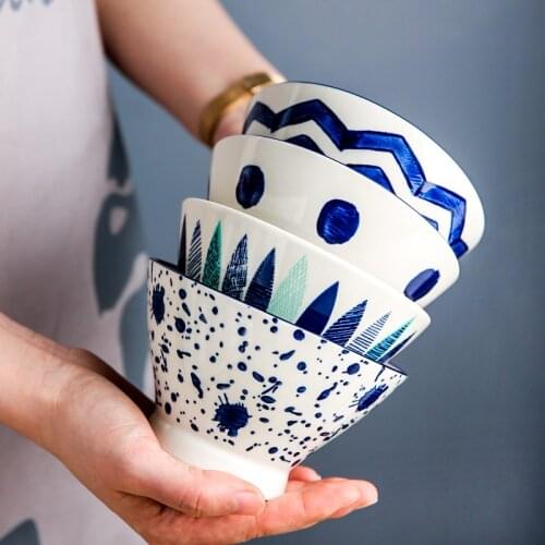 Japanese Style Deep Bowls Hand-painted 5 Inch Porcelain Rice Bowls Kitchen Mixed Patterns Dinner Bowls