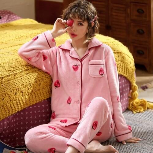 Women Soft Flannel Pajamas set Autumn Winter Strawberry Cardigan Sleepwear Pijama Couple Homme Nightwear Pyjamas MSJ03
