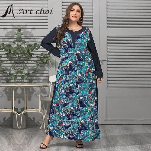 Spring Autumn Elegant Women Printing Long Dress Party Female Korean Loose Splicing Skirt Ladies Vintage Vestido Plus size