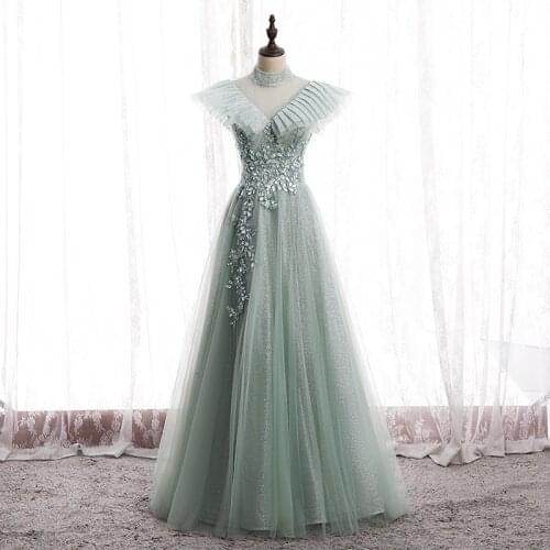 Bespoke Occasion Dress Illusion High Sleeveless Lace Tulle Sequined Beading Luxury Green Elegant Women Formal Evening Gown HB230