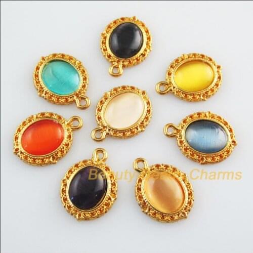New 16Pcs Oval Flower Mixed Stone Flatback Gold Color Charms Pendants 13.5x18mm