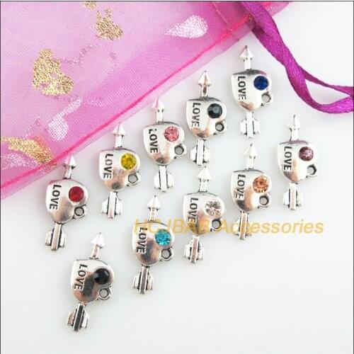 20Pcs Tibetan Silver Tone Retro Arrow Heart Mixed Crystal Charms Pendants 10.5x21mm