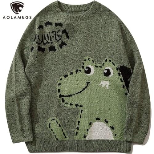 Aolamegs Sweater Men Cartoon Animal Print Knitted Pullover Japanese Vintage Jumper Oversize Comfortable Casual Couple Streetwear