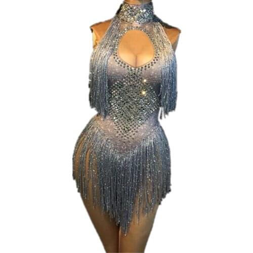4 Colors Sleeveless Sparkly Rhinestones Bodysuit Silver Gold Glass Stones Tassels Jumpsuit Sexy Female Nightclub DJ DS Costumes