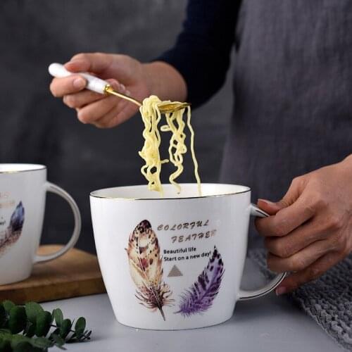 800ml Capacity Golden Edge Large Breakfast Cup Ceramic Milk Cup Nordic Large Capacity with Cover Spoon Mug