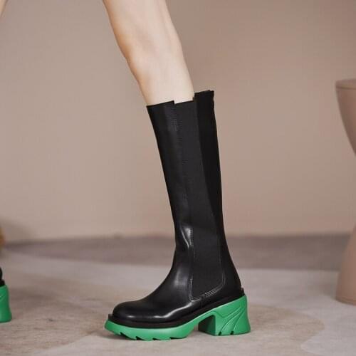 Brand Women Motorcycle Boots Fashion Stretch Patent Leather High Heels Tube Chelsea Autumn Winter Platform Knee High Boots Shoes