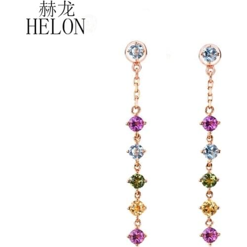 HELON Women Earring Solid 18K Rose God Genuine Amethyst Sky Blue Topaz Peridot Citrine Drop Earring Elegant Ladies Loving Gift