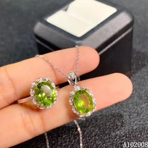 KJJEAXCMY Fine Jewelry 925 Sterling Silver Inlaid Natural Peridot Gemstone noble Ring Necklace Pendant Set Support test