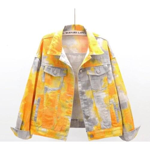 Spring Fashion Gradient Color Denim Jacket Coat Women Big size Loose Short Pink Yellow Tie dye Jeans Jackets Female Streetwear