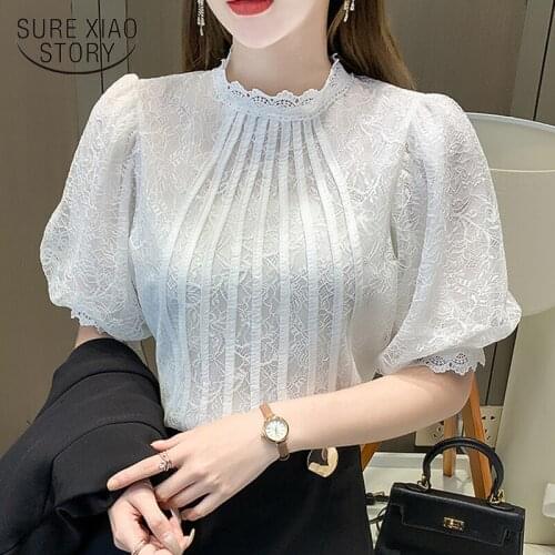 Summer Elegant White Lace Blouse Puff Sleeve Hook Flower Hollow Clothes O-neck Women Tops Patchwork Shirt Plus Size Blusas 14111