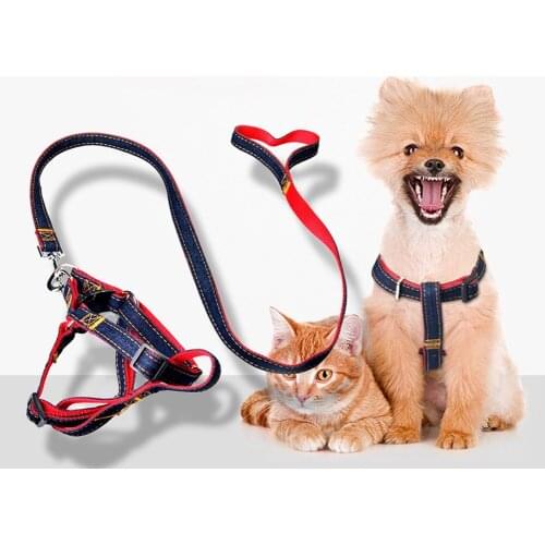 Dog Harness with Leash Summer Pet Adjustable Jeans Dog Vest Durable Dogs Collar Lead Small Medium Large for Walking Training