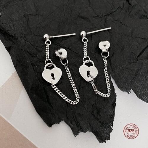 LKO S925 Sterling Silver Fashion Long Lock Chain Pendants Stud Earrings Delicate Pierced Earrings Punk For Women Jewelry