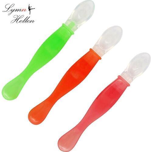 Baby Infant Newborn Soft Silicone Feeding Spoon Temperature Sensing Safety Material 3 Colors Slip-resistant Tableware Flatware