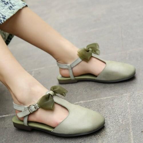 Bow Design Leather Handmade Soft Sandals Slip ons Brown/Green Fairy Temperament